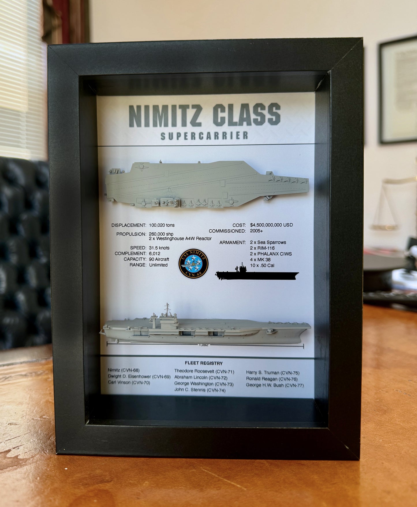 Nimitz Class Carrier Display Shadow Box, CVN-68, 6" x 8", Black