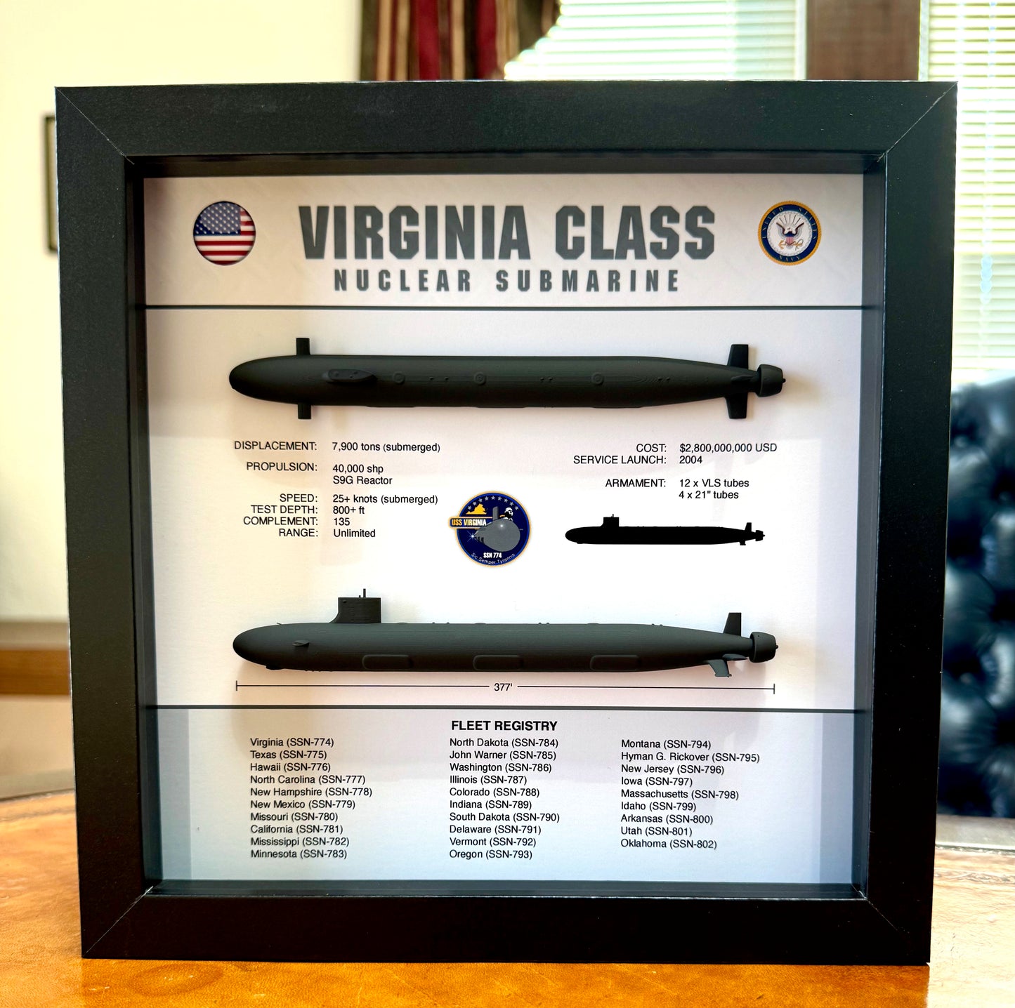 Virginia Class Submarine Memorial Display Shadow Box, SSN-774, 9" x 9", Black