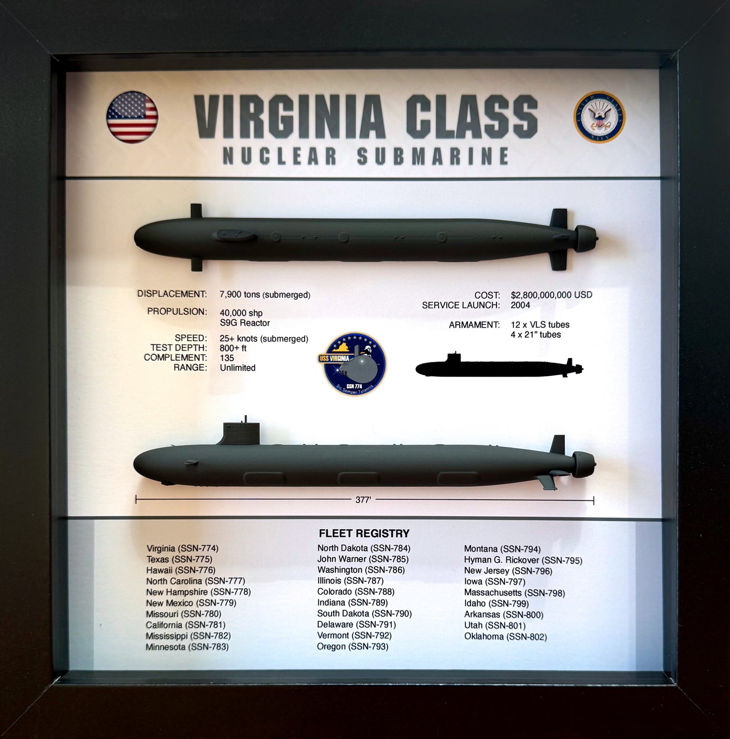 Virginia Class Submarine Memorial Display Shadow Box, SSN-774, 9" x 9", Black