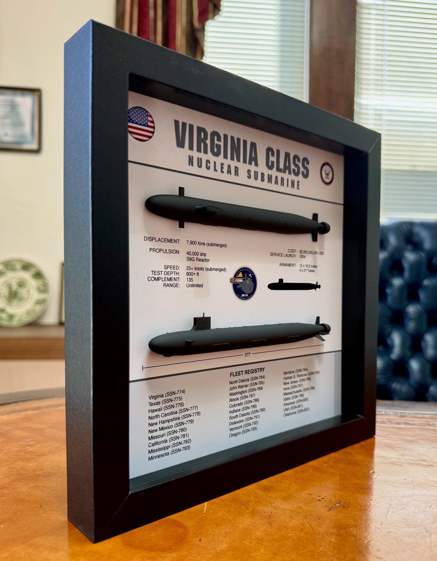 Virginia Class Submarine Memorial Display Shadow Box, SSN-774, 9" x 9", Black