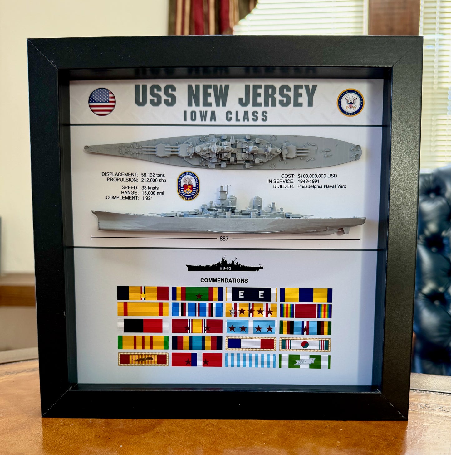 USS New Jersey Battleship Display Shadow Box, BB-63, Iowa Class, WW2, 9" x 9"