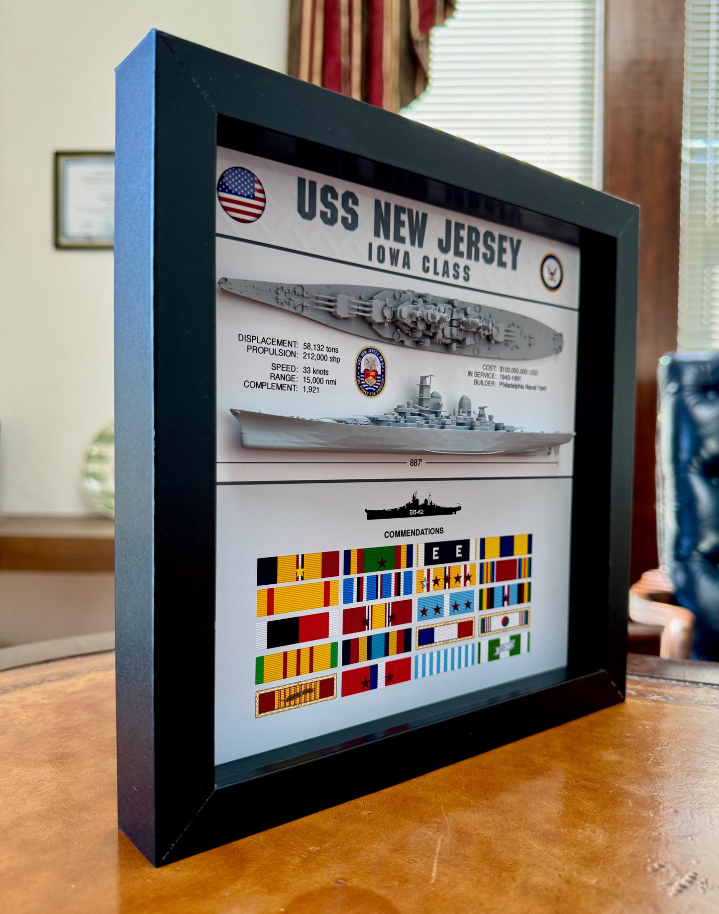 USS New Jersey Battleship Display Shadow Box, BB-63, Iowa Class, WW2, 9" x 9"