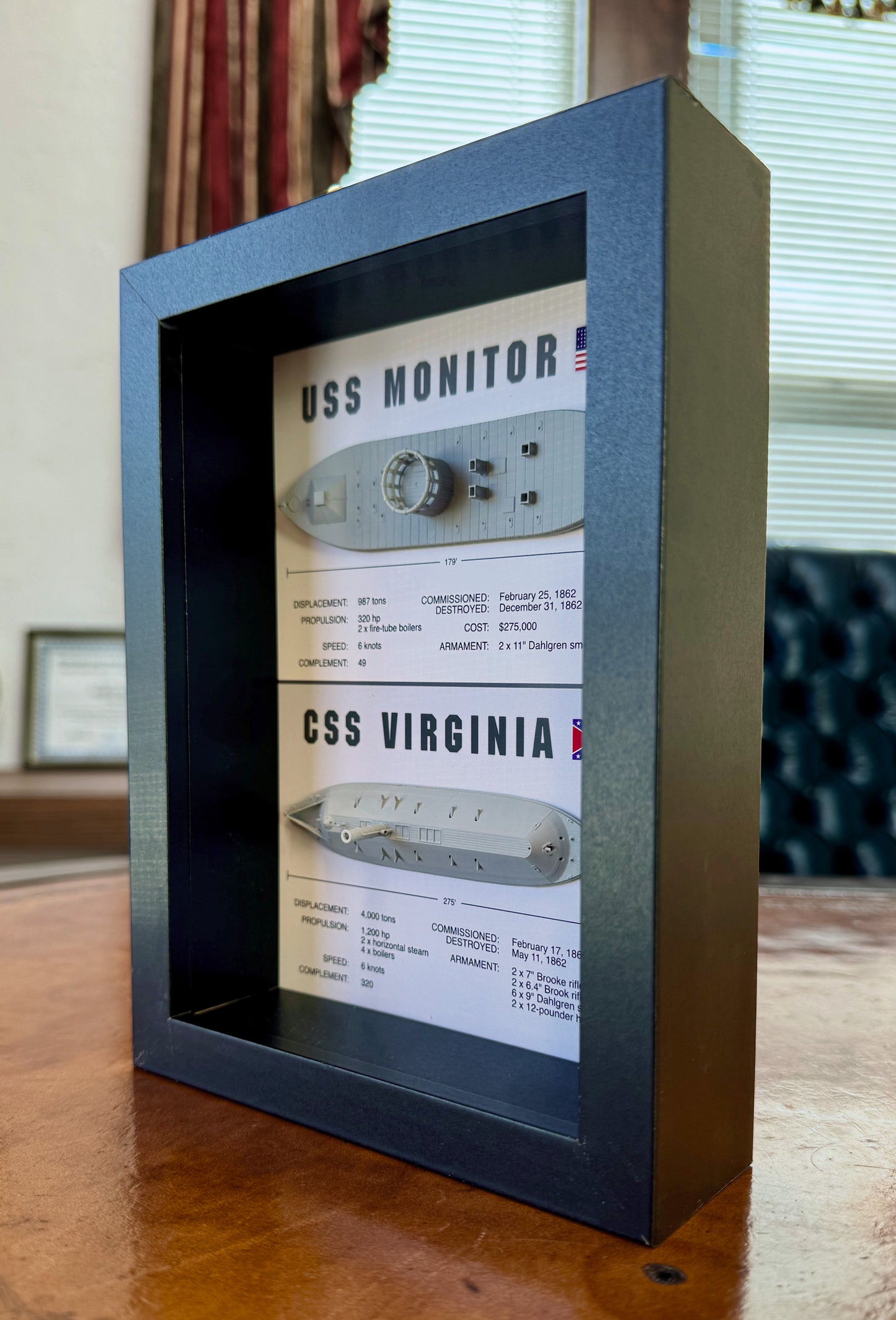 Monitor & Merrimack (CSS Virginia) Ironclad Memorial Display Shadow Box, 6" x 8", Black