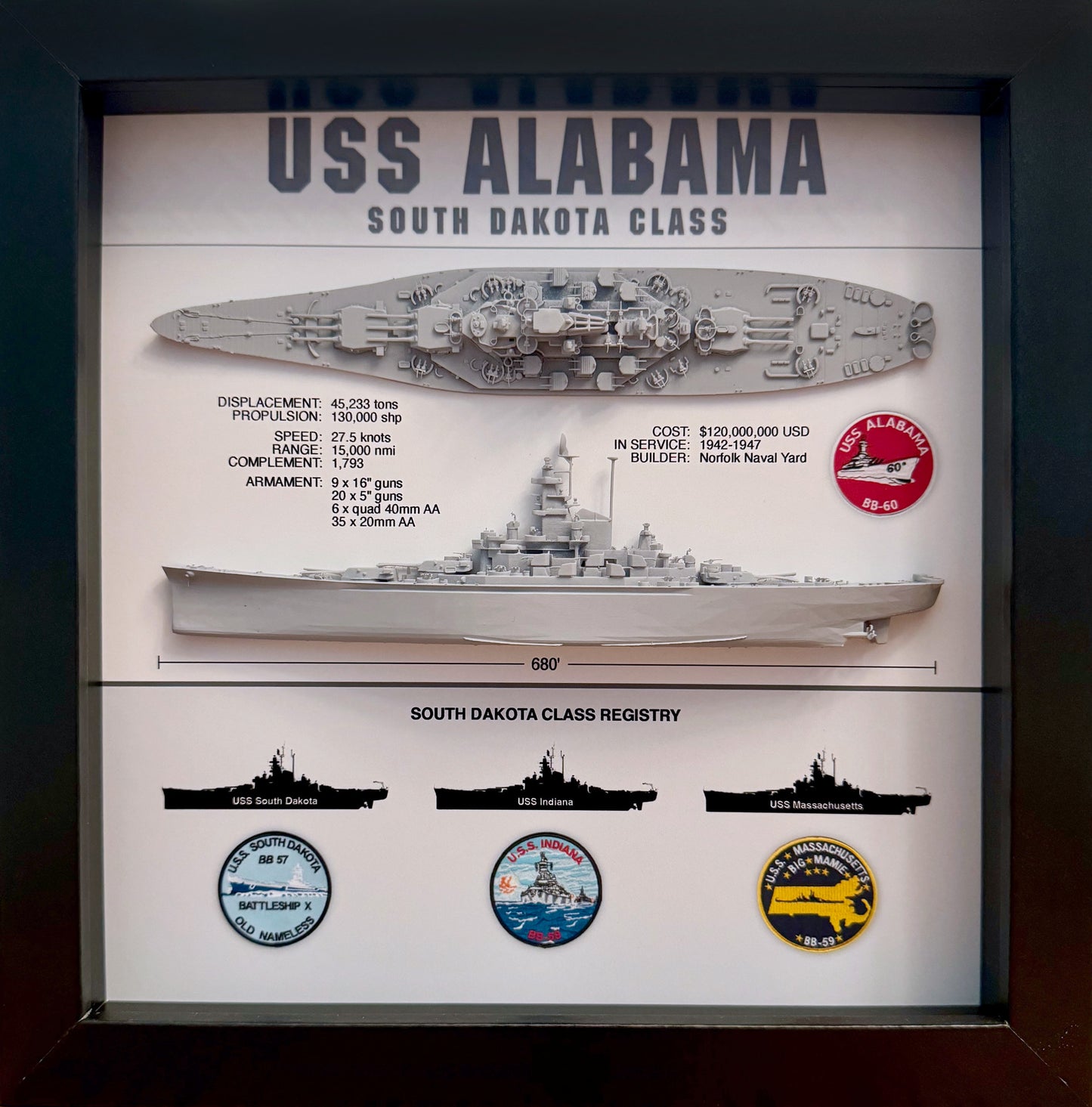 USS Alabama Battleship Display Shadow Box, BB-60, South Dakota Class, WW2, 9" x 9", Black