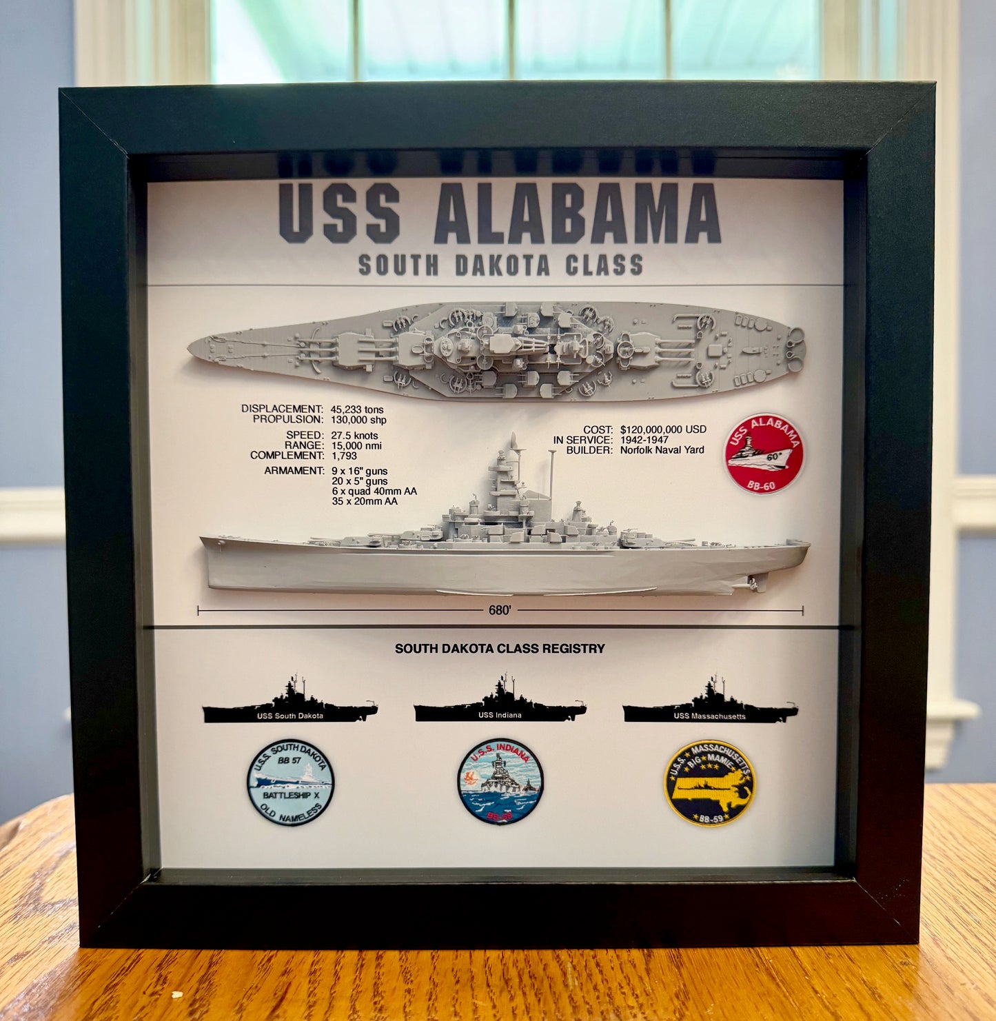 USS Alabama Battleship Display Shadow Box, BB-60, South Dakota Class, WW2, 9" x 9", Black