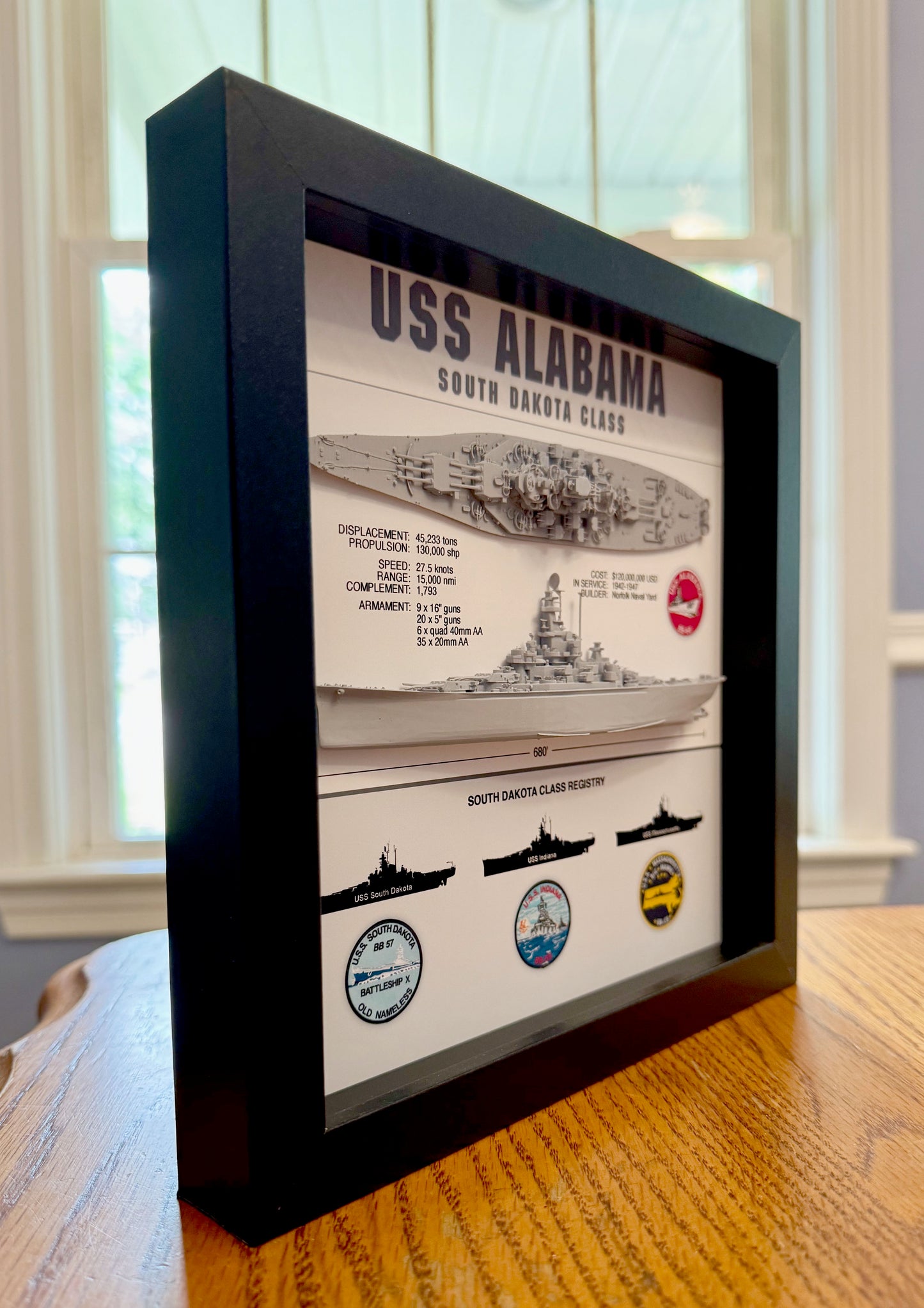 USS Alabama Battleship Display Shadow Box, BB-60, South Dakota Class, WW2, 9" x 9", Black