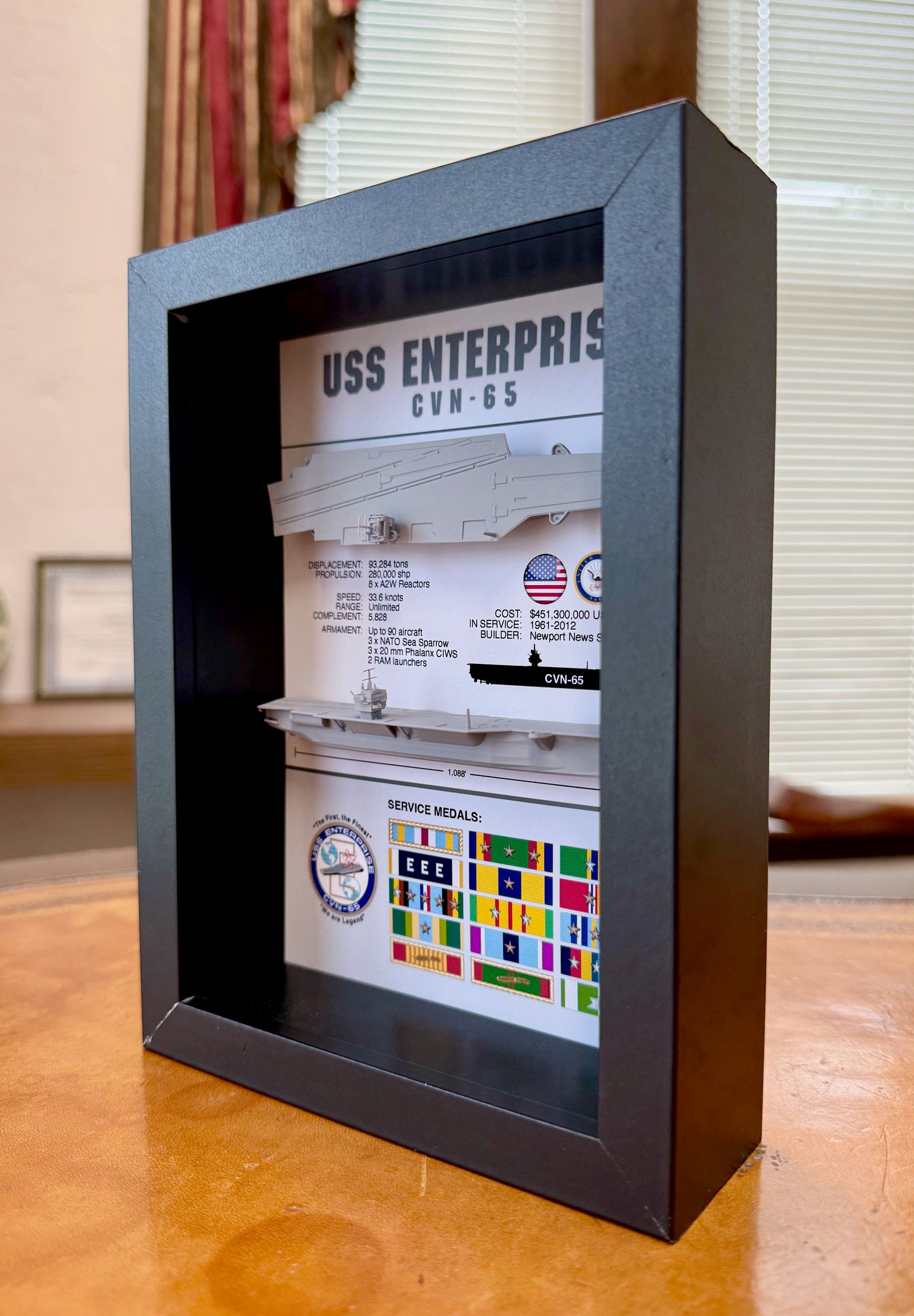 Enterprise CVN-65, Memorial Display Shadow Box, Navy, Aircraft Carrier, 6" x 8"