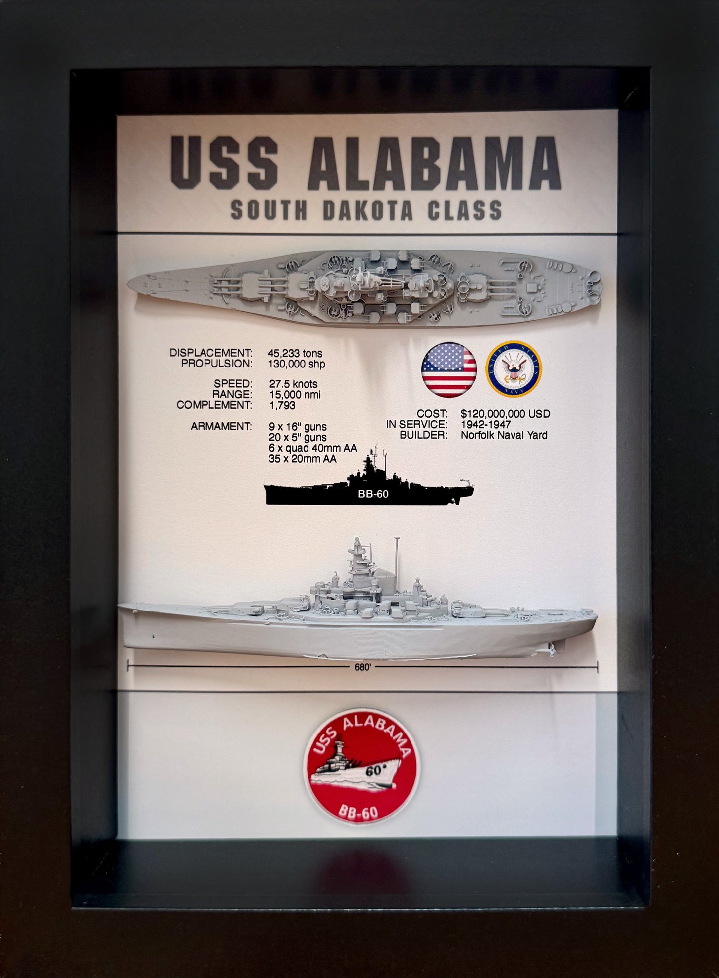 USS Alabama Memorial Display Shadow Box, BB-60, WW2, 6" x 8", South Dakota