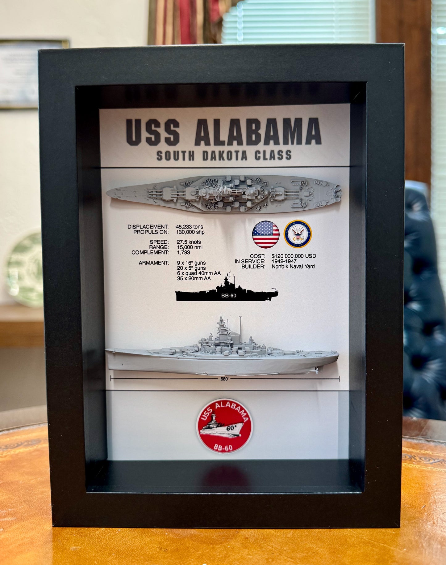 USS Alabama Memorial Display Shadow Box, BB-60, WW2, 6" x 8", South Dakota