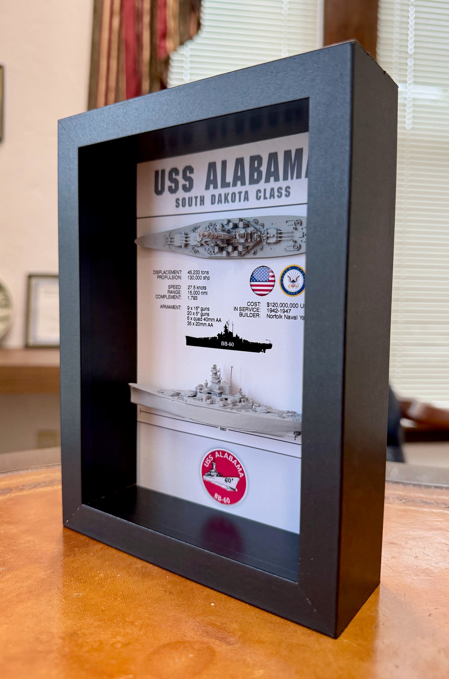 USS Alabama Memorial Display Shadow Box, BB-60, WW2, 6" x 8", South Dakota