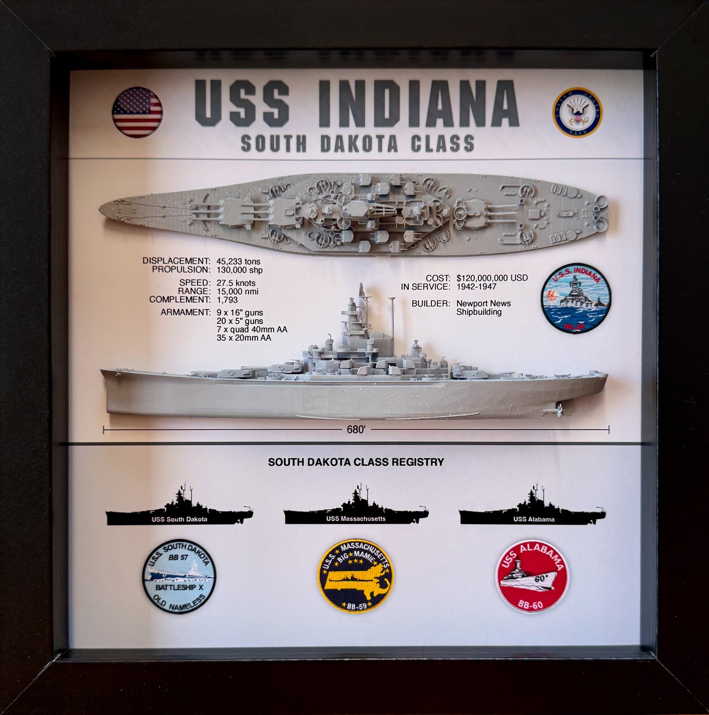 USS Indiana Battleship Display Shadow Box, BB-58, South Dakota Class, WW2, 9" x 9", Black