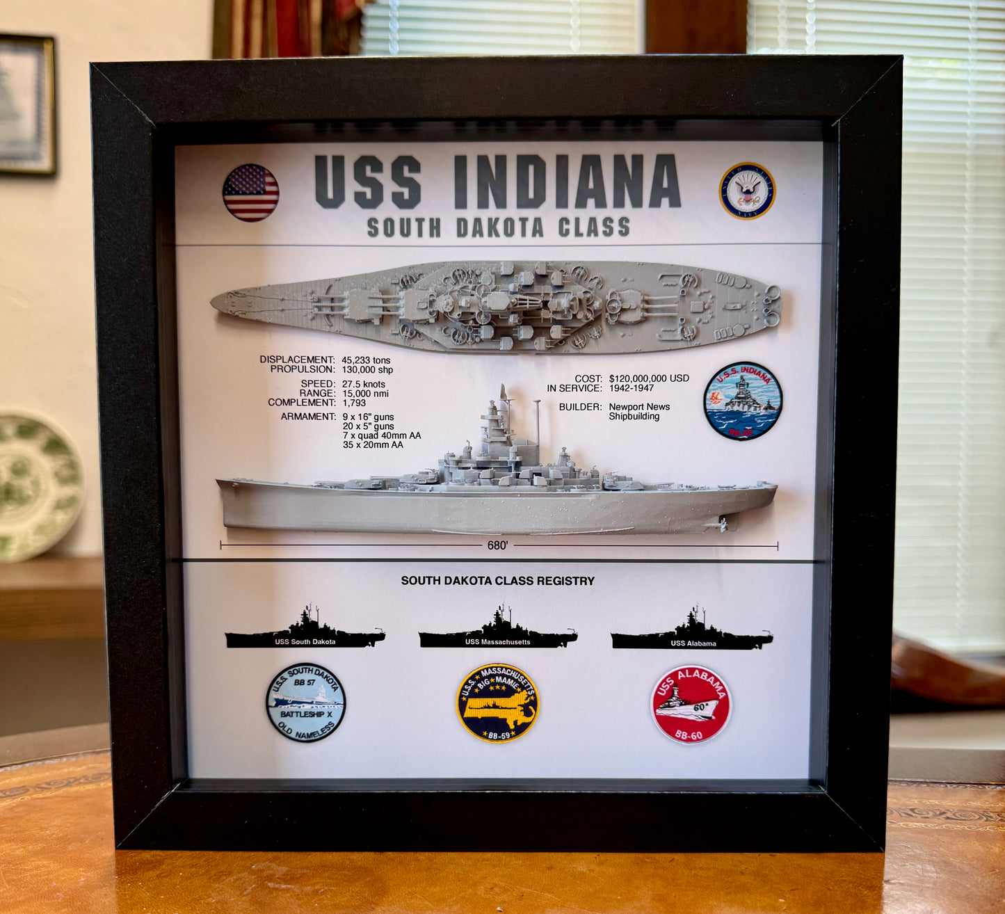 USS Indiana Battleship Display Shadow Box, BB-58, South Dakota Class, WW2, 9" x 9", Black