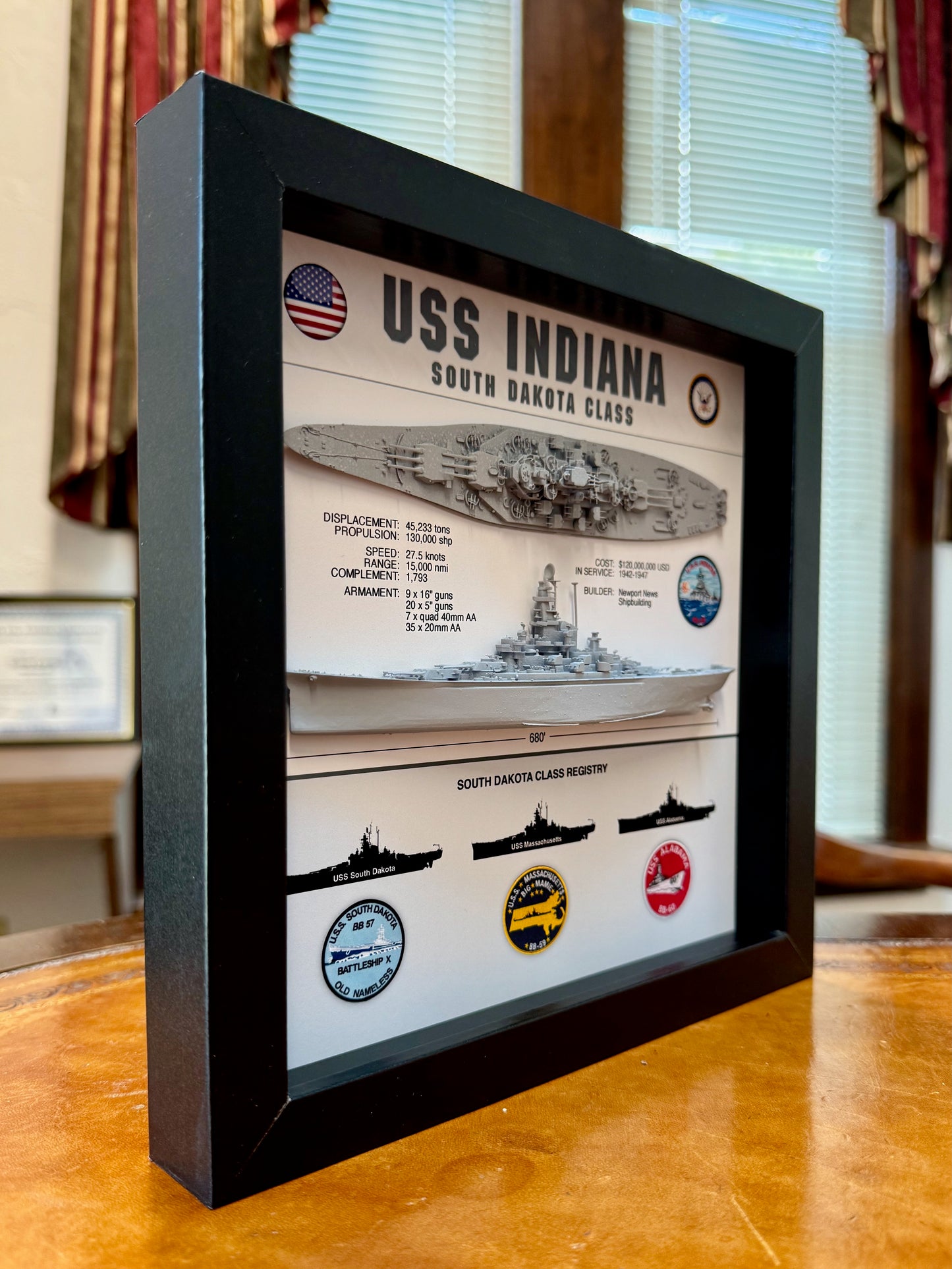 USS Indiana Battleship Display Shadow Box, BB-58, South Dakota Class, WW2, 9" x 9", Black