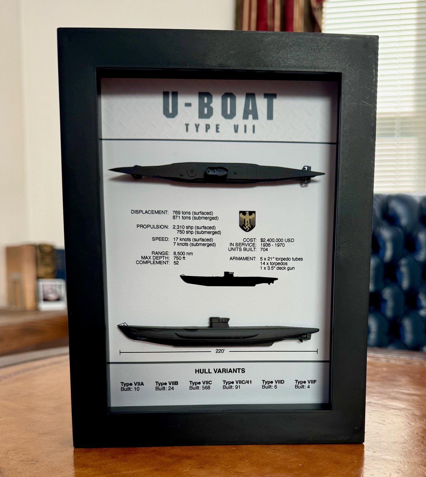 U-Boat Type VII Submarine Memorial Display Shadow Box, 6" x 8", Black