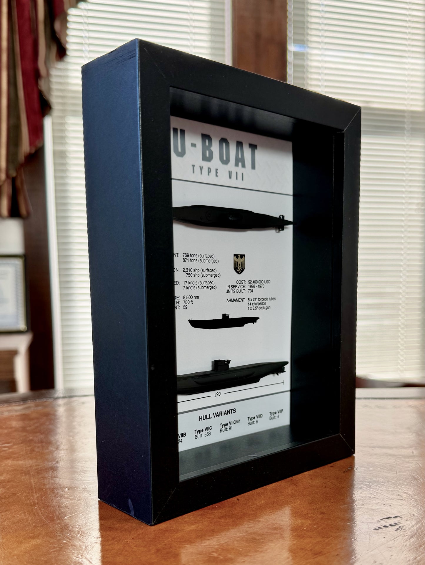 U-Boat Type VII Submarine Memorial Display Shadow Box, 6" x 8", Black