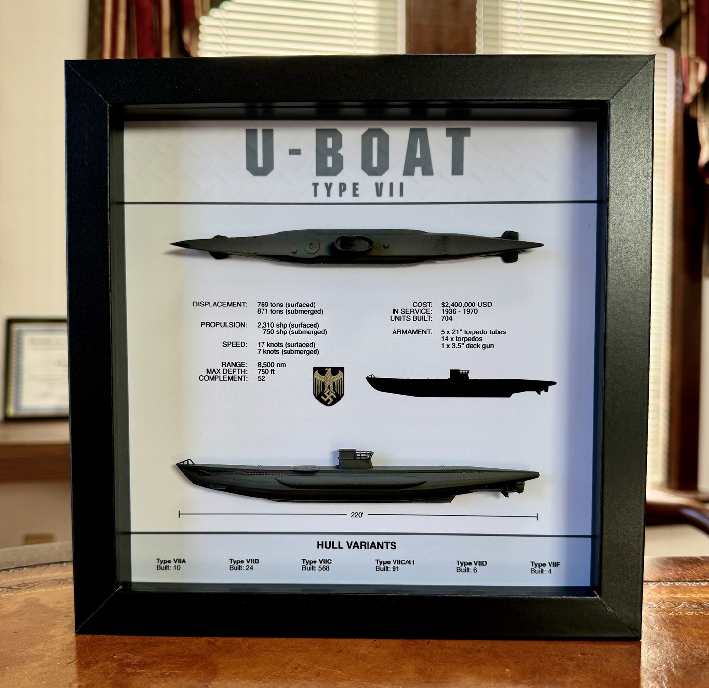 U-Boat Type VII Submarine Memorial Display Shadow Box, 9" x 9", Black, Large