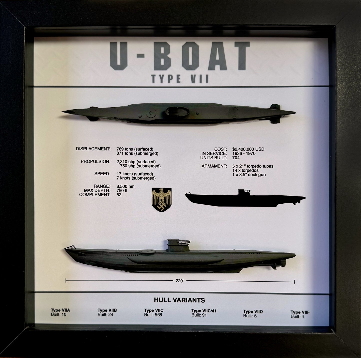 U-Boat Type VII Submarine Memorial Display Shadow Box, 9" x 9", Black, Large