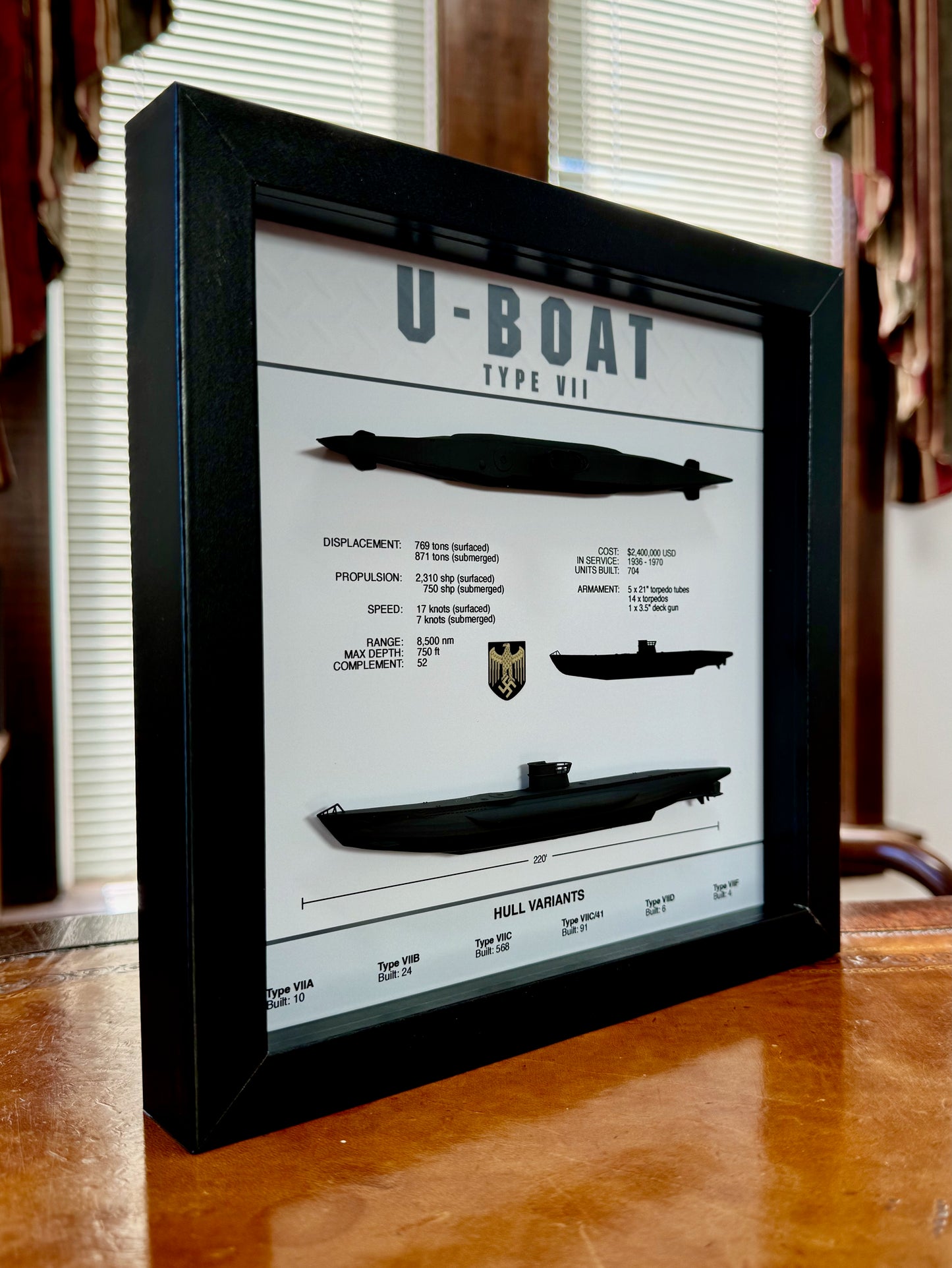 U-Boat Type VII Submarine Memorial Display Shadow Box, 9" x 9", Black, Large