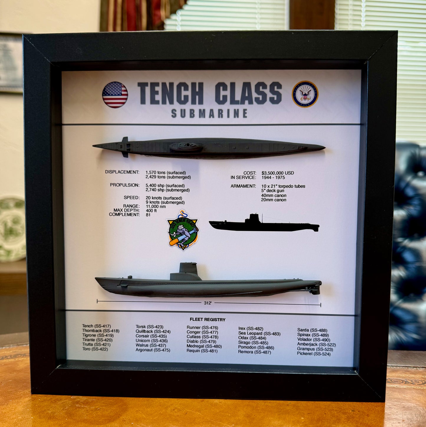 Tench Class Submarine Memorial Display Shadow Box, 9" x 9", Black