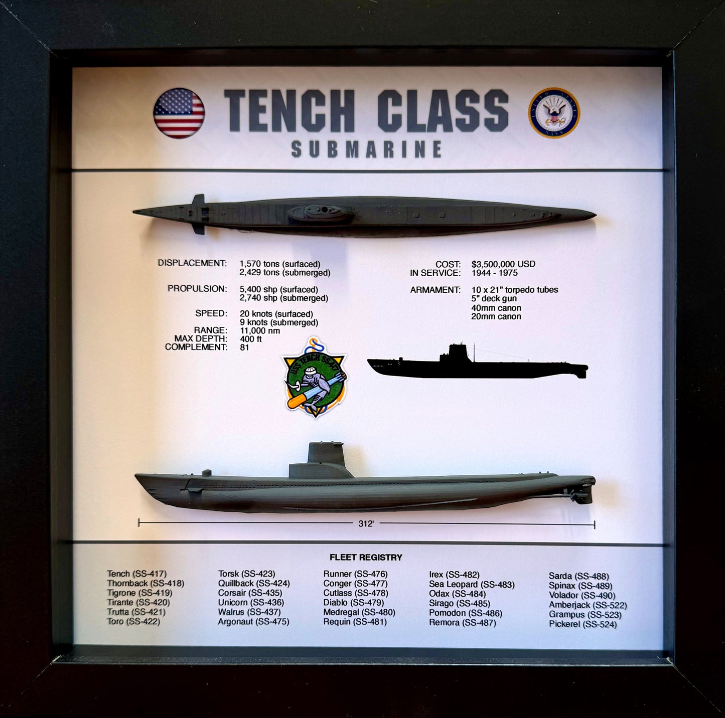 Tench Class Submarine Memorial Display Shadow Box, 9" x 9", Black