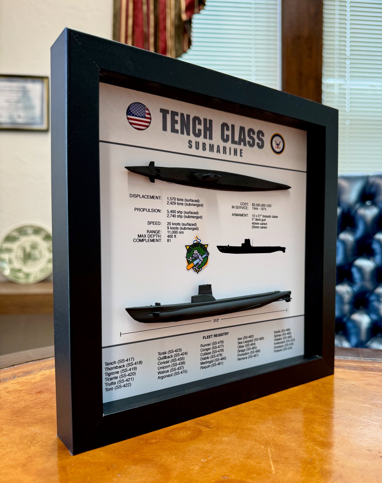 Tench Class Submarine Memorial Display Shadow Box, 9" x 9", Black