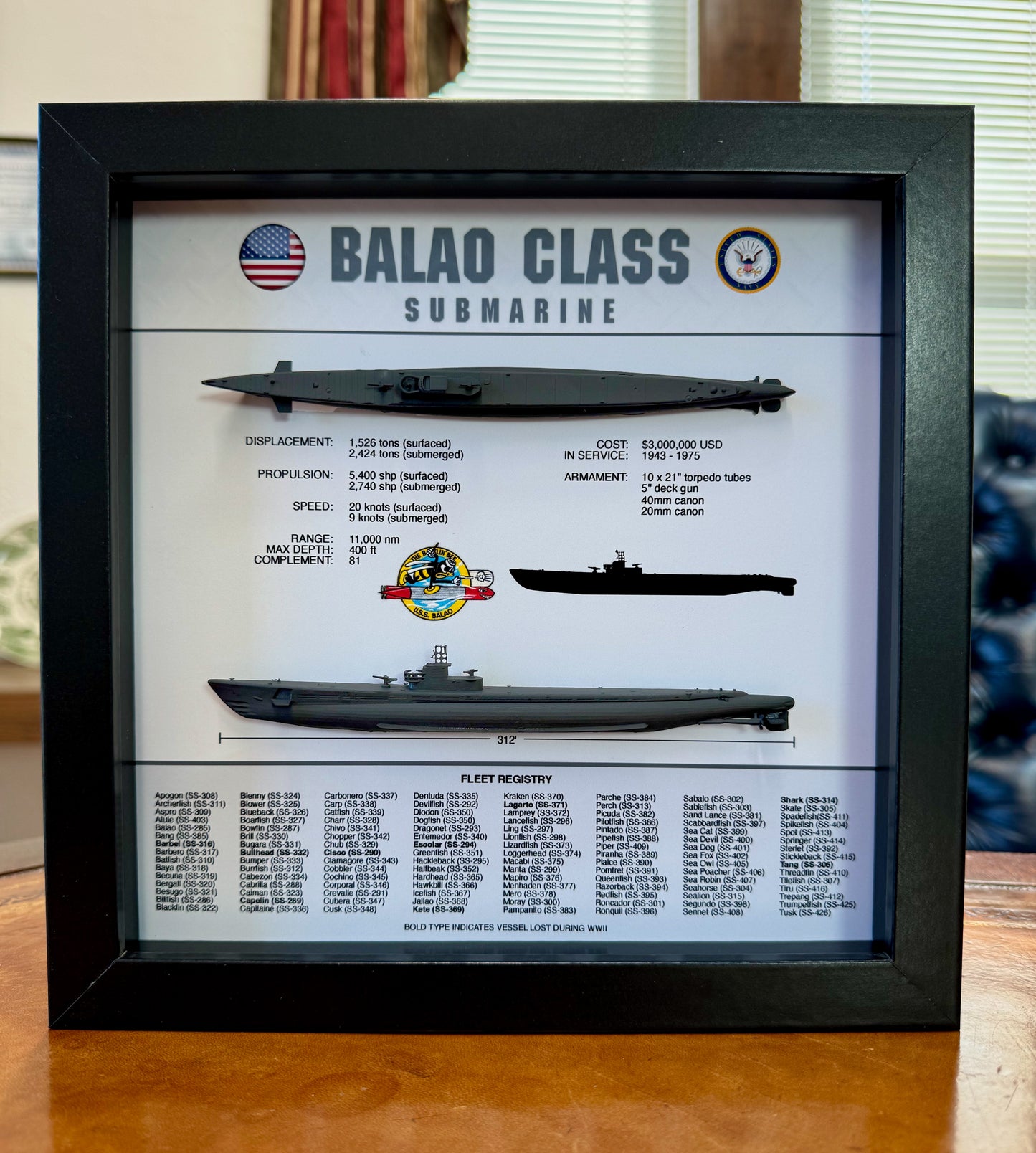 Balao Class Submarine Memorial Display Shadow Box, 9" x 9", Black