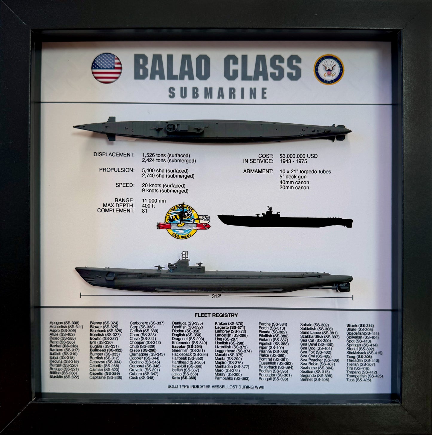 Balao Class Submarine Memorial Display Shadow Box, 9" x 9", Black