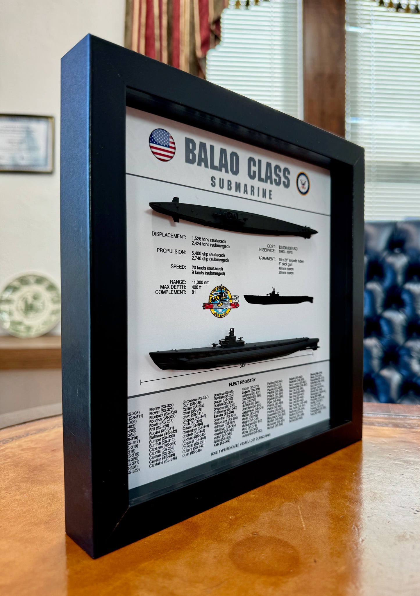 Balao Class Submarine Memorial Display Shadow Box, 9" x 9", Black