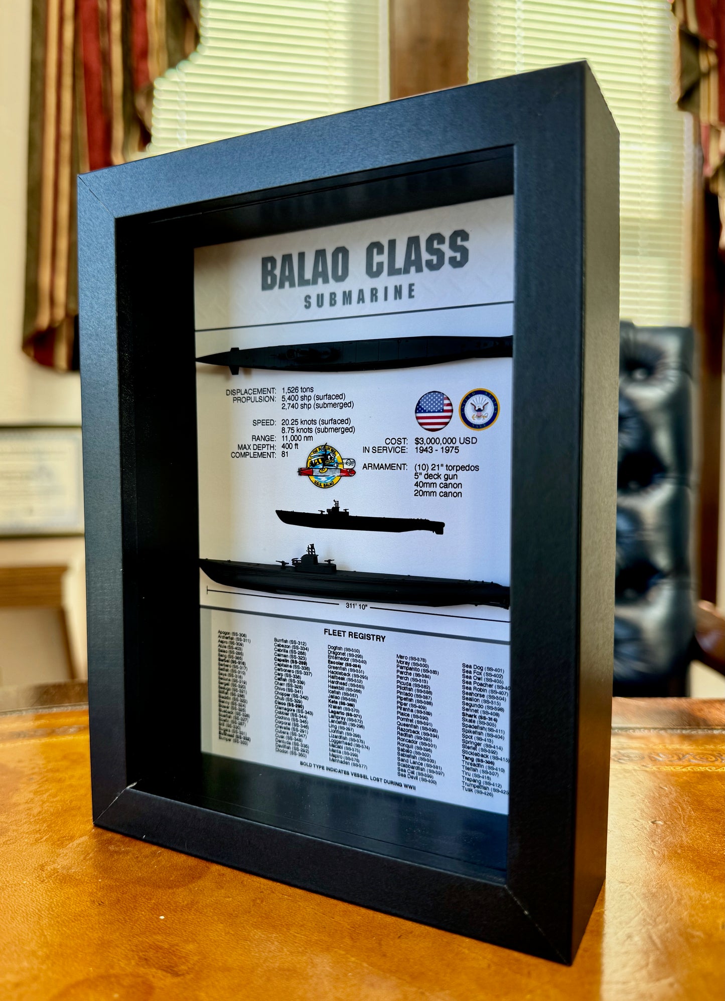 Balao Class Submarine Memorial Display Shadow Box, 6" x 8", Black