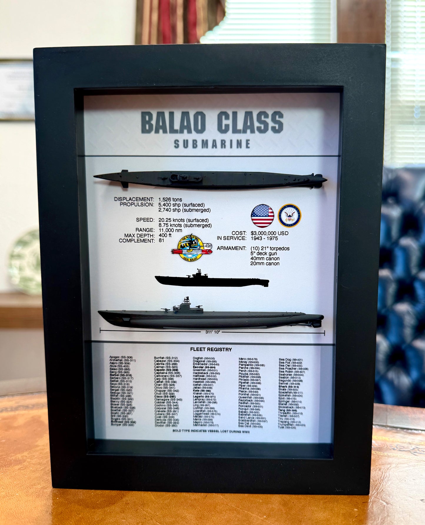 Balao Class Submarine Memorial Display Shadow Box, 6" x 8", Black