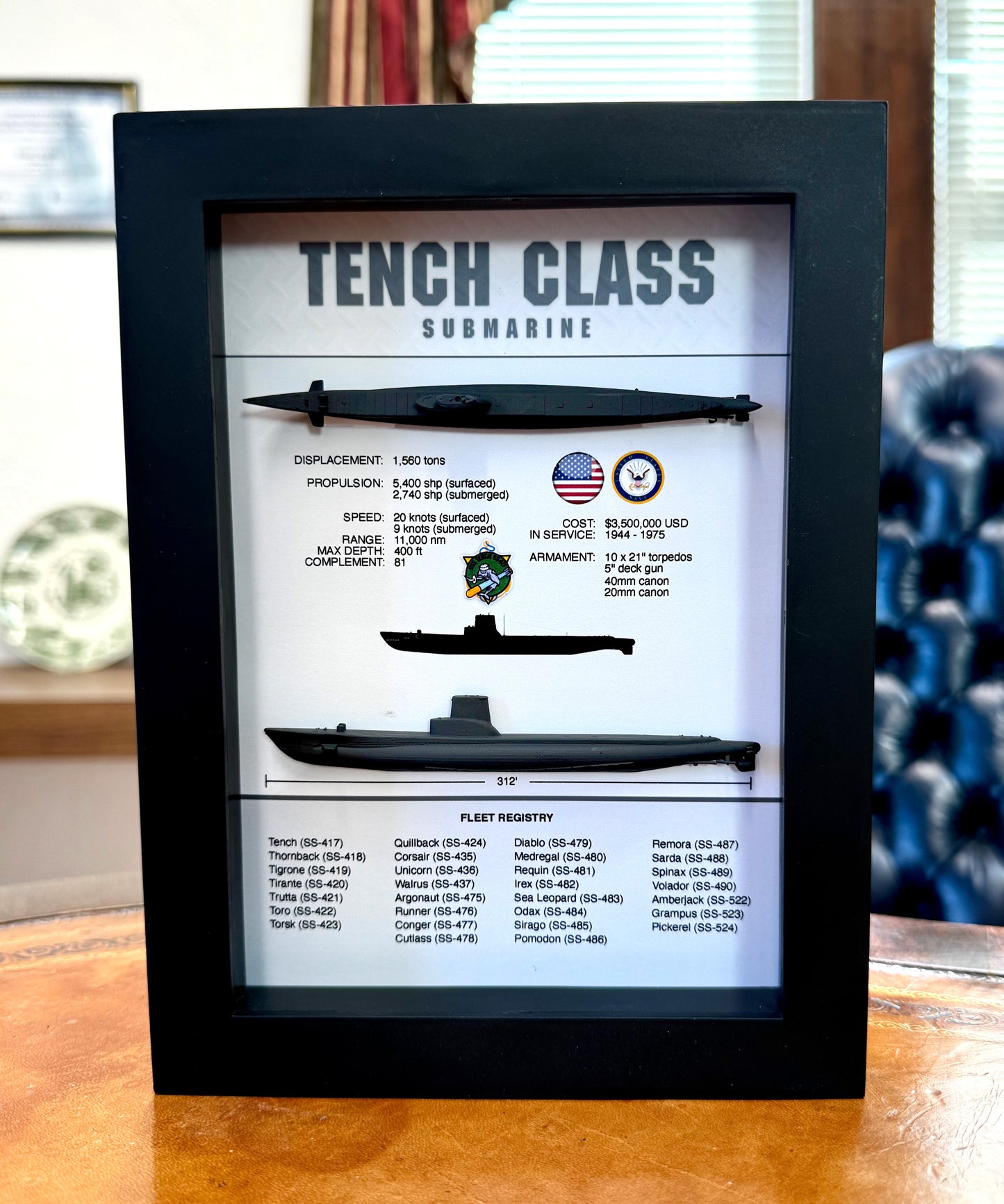 Tench Class Submarine Memorial Display Shadow Box, 6" x 8", Black