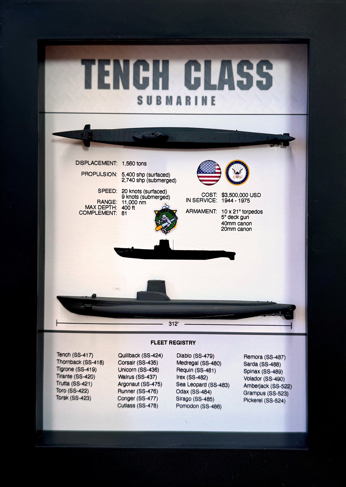 Tench Class Submarine Memorial Display Shadow Box, 6" x 8", Black