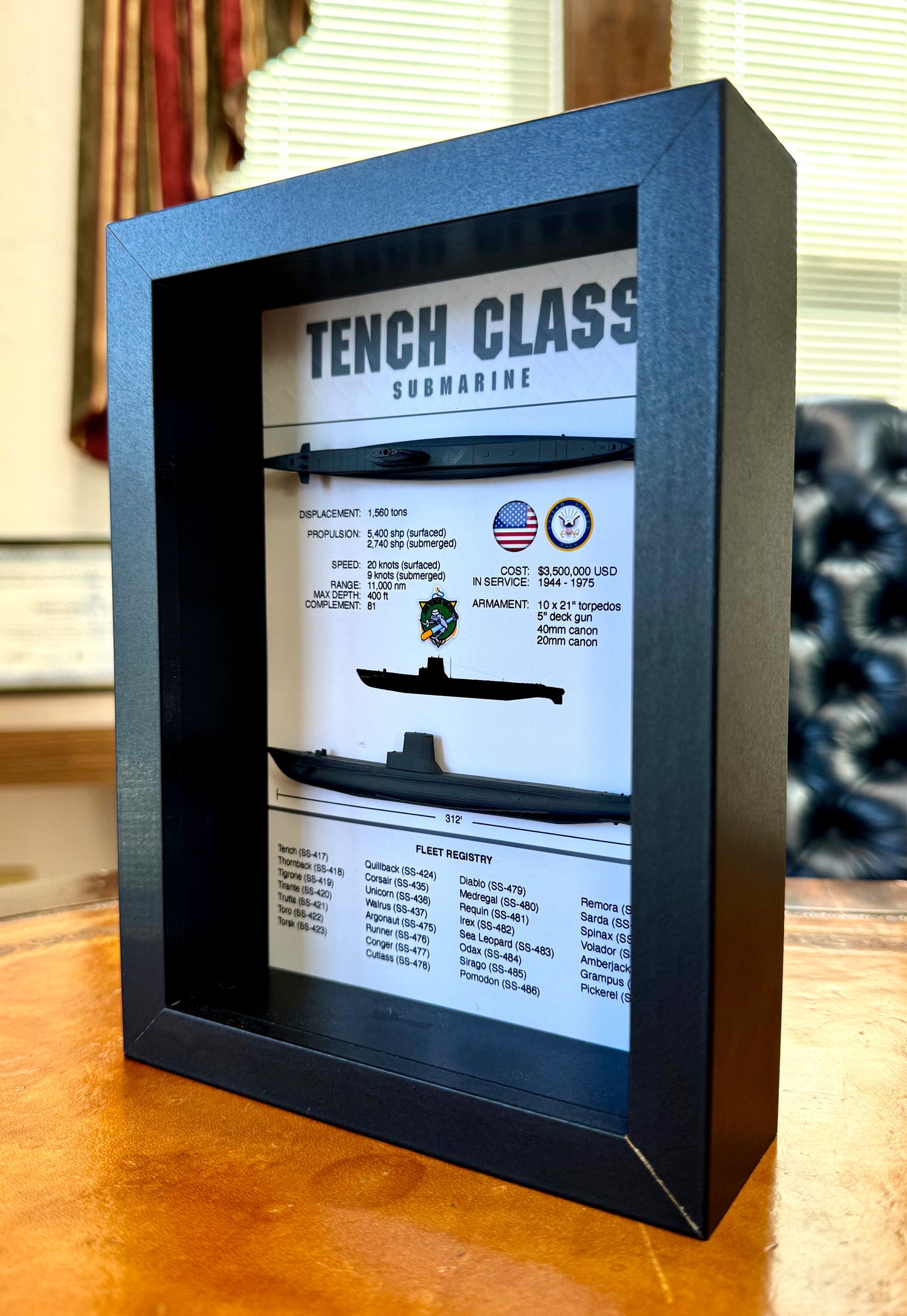 Tench Class Submarine Memorial Display Shadow Box, 6" x 8", Black