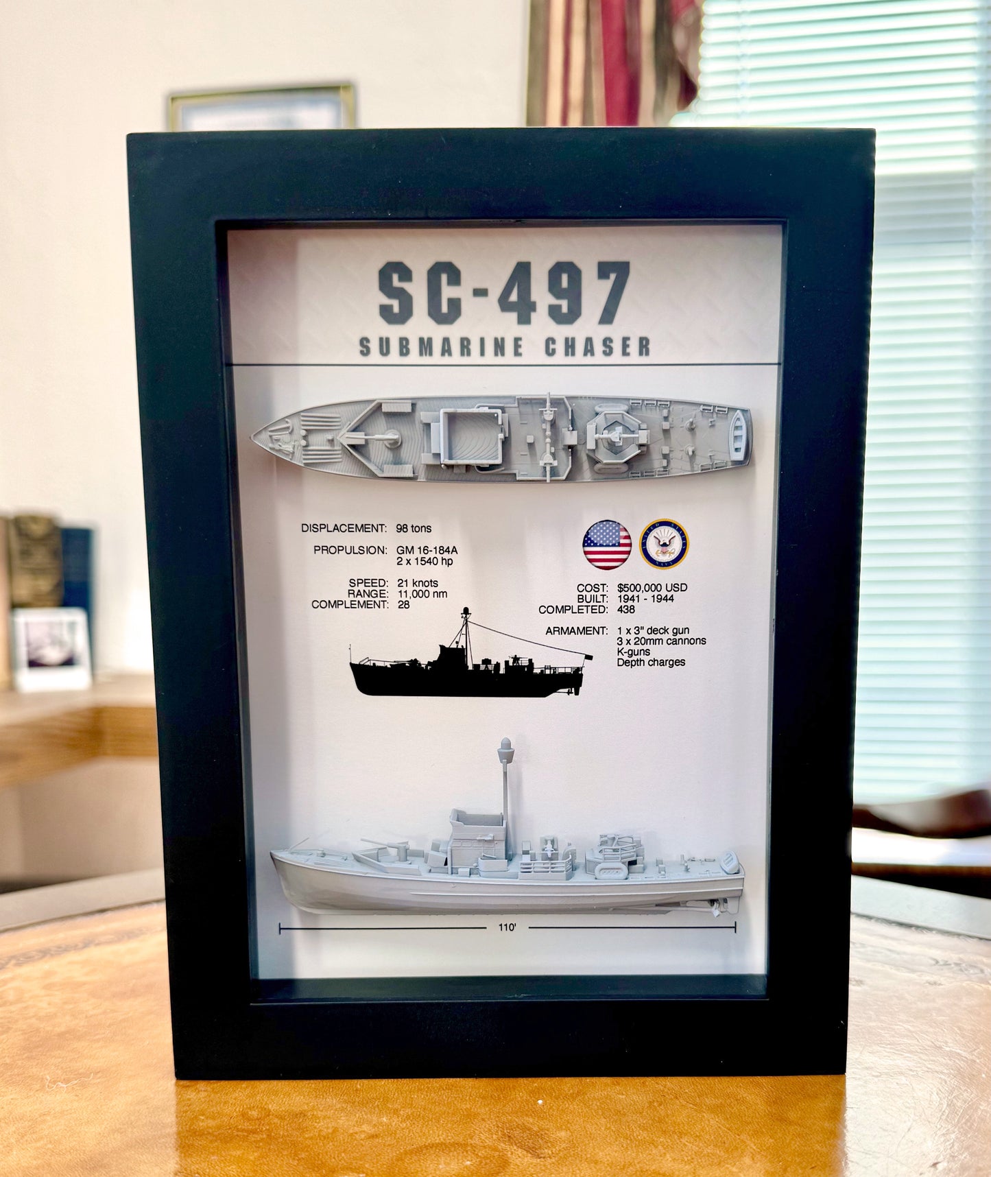 SC-497 Class Submarine Chaser Memorial Display Shadow Box, 6" x 8", Black