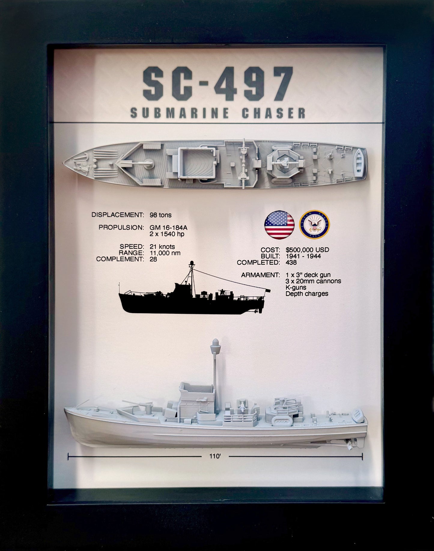 SC-497 Class Submarine Chaser Memorial Display Shadow Box, 6" x 8", Black