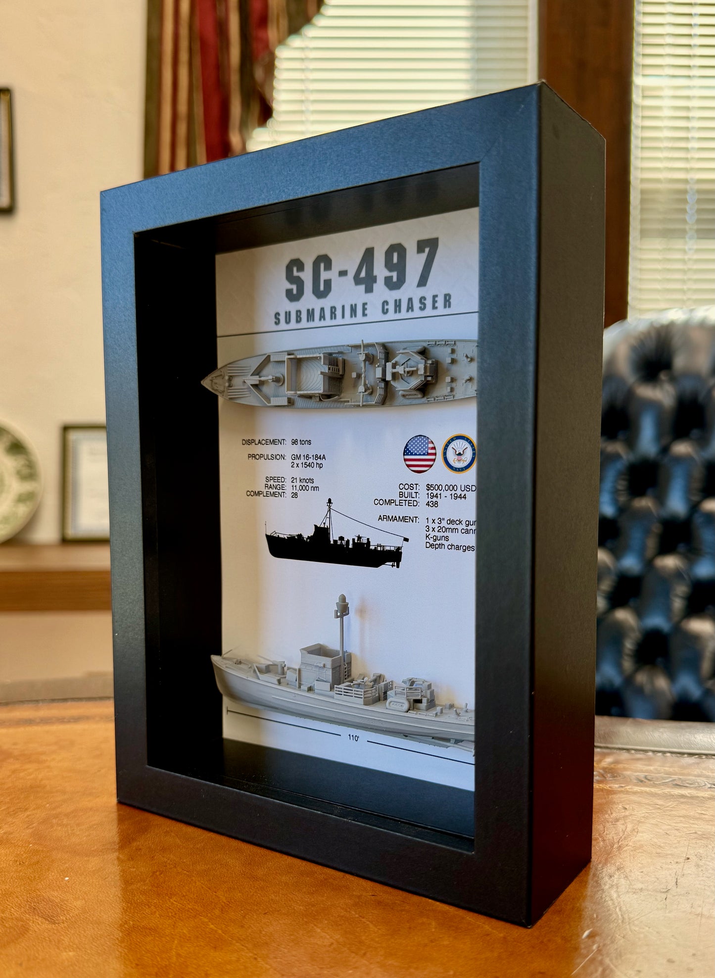 SC-497 Class Submarine Chaser Memorial Display Shadow Box, 6" x 8", Black