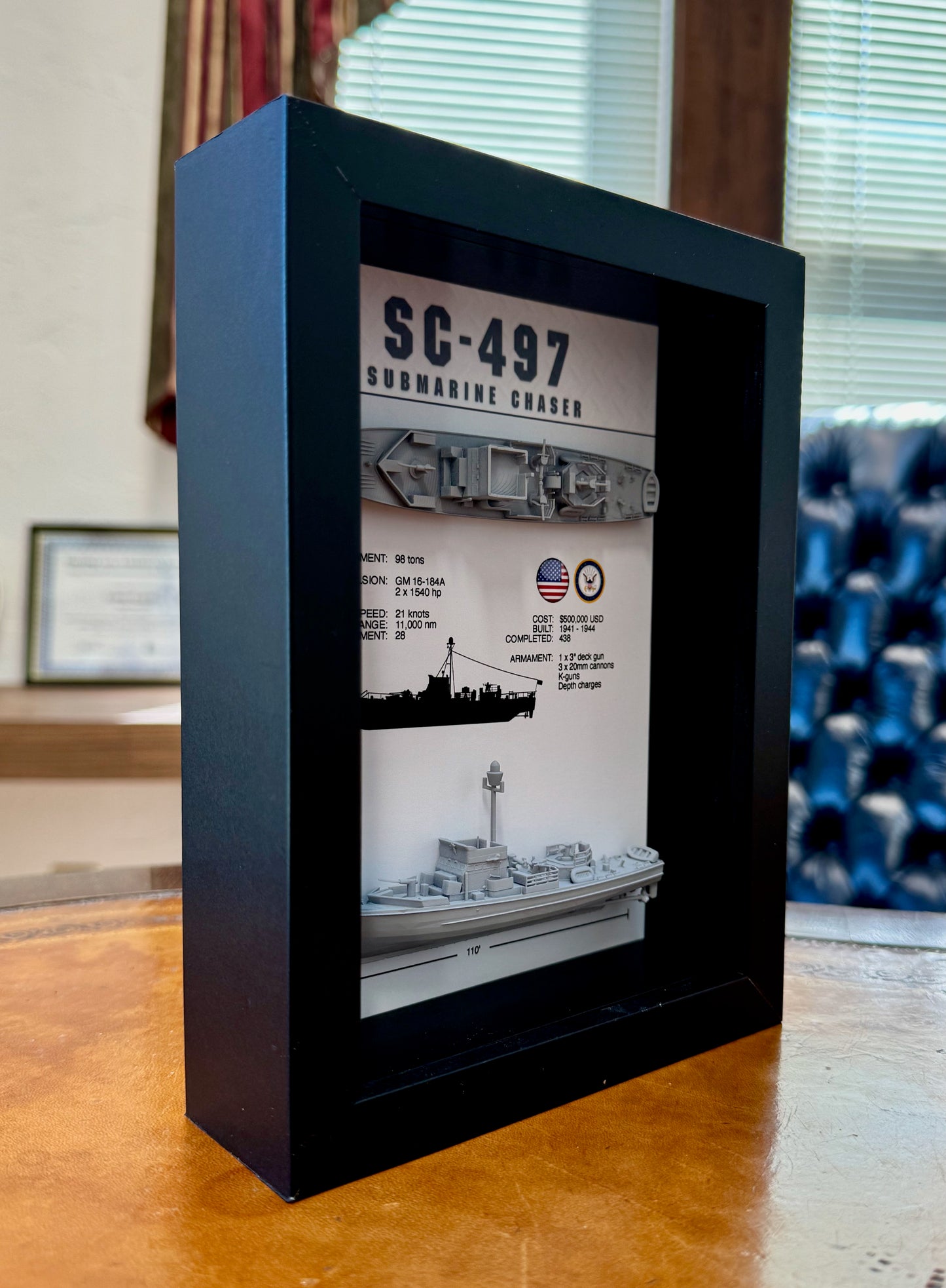 SC-497 Class Submarine Chaser Memorial Display Shadow Box, 6" x 8", Black