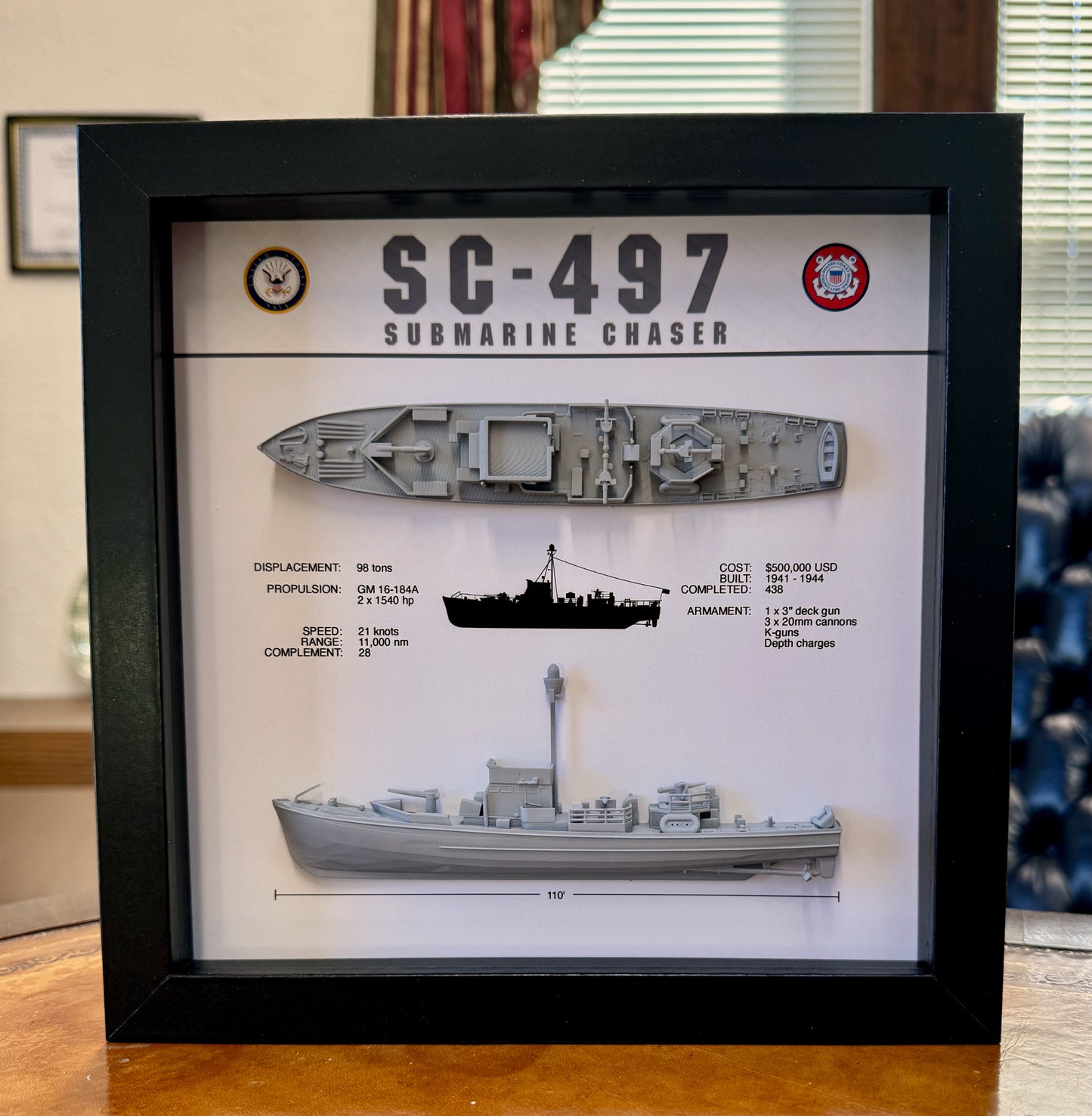 SC-497 Class Submarine Chaser Memorial Display Shadow Box, 9" x 9", Black