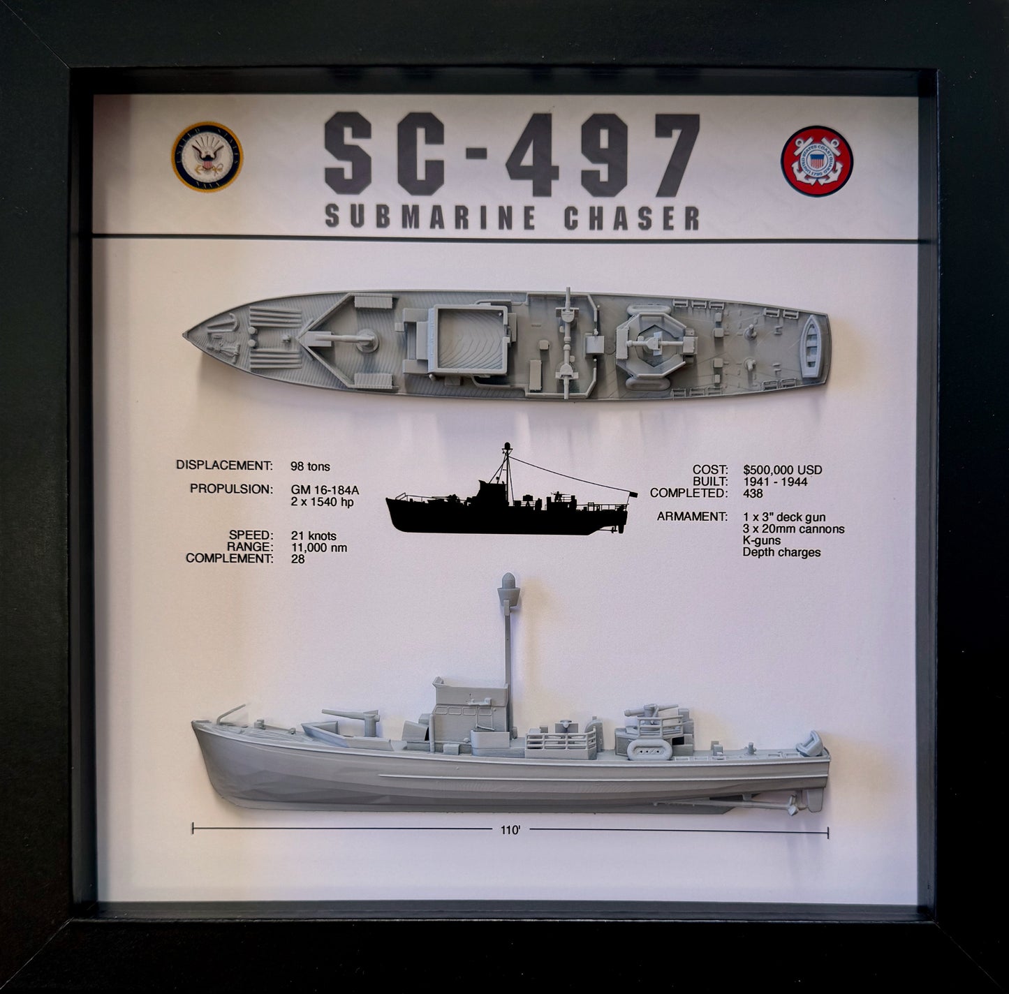 SC-497 Class Submarine Chaser Memorial Display Shadow Box, 9" x 9", Black