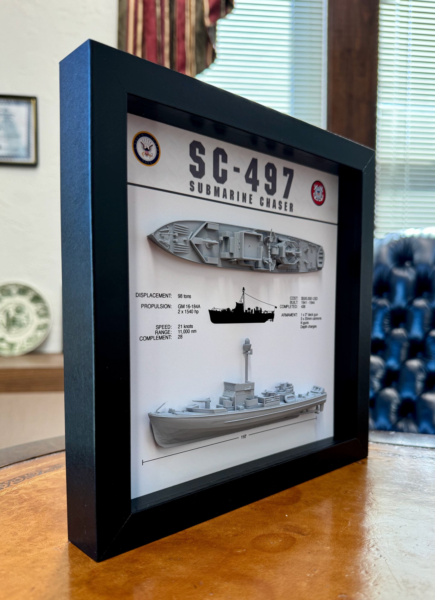 SC-497 Class Submarine Chaser Memorial Display Shadow Box, 9" x 9", Black