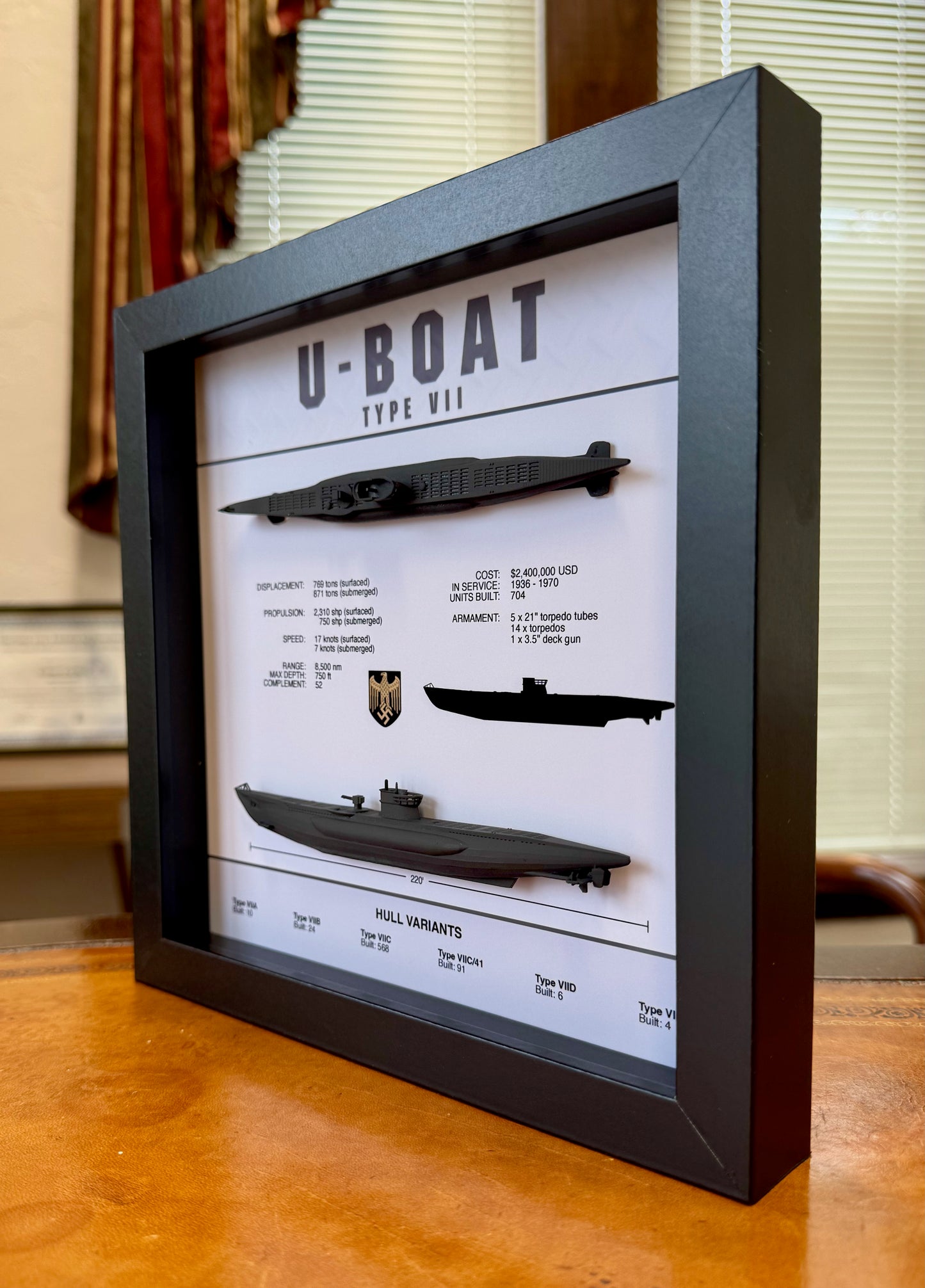 U-Boat Type VII Submarine Memorial Display Shadow Box, 9" x 9", Black, Large