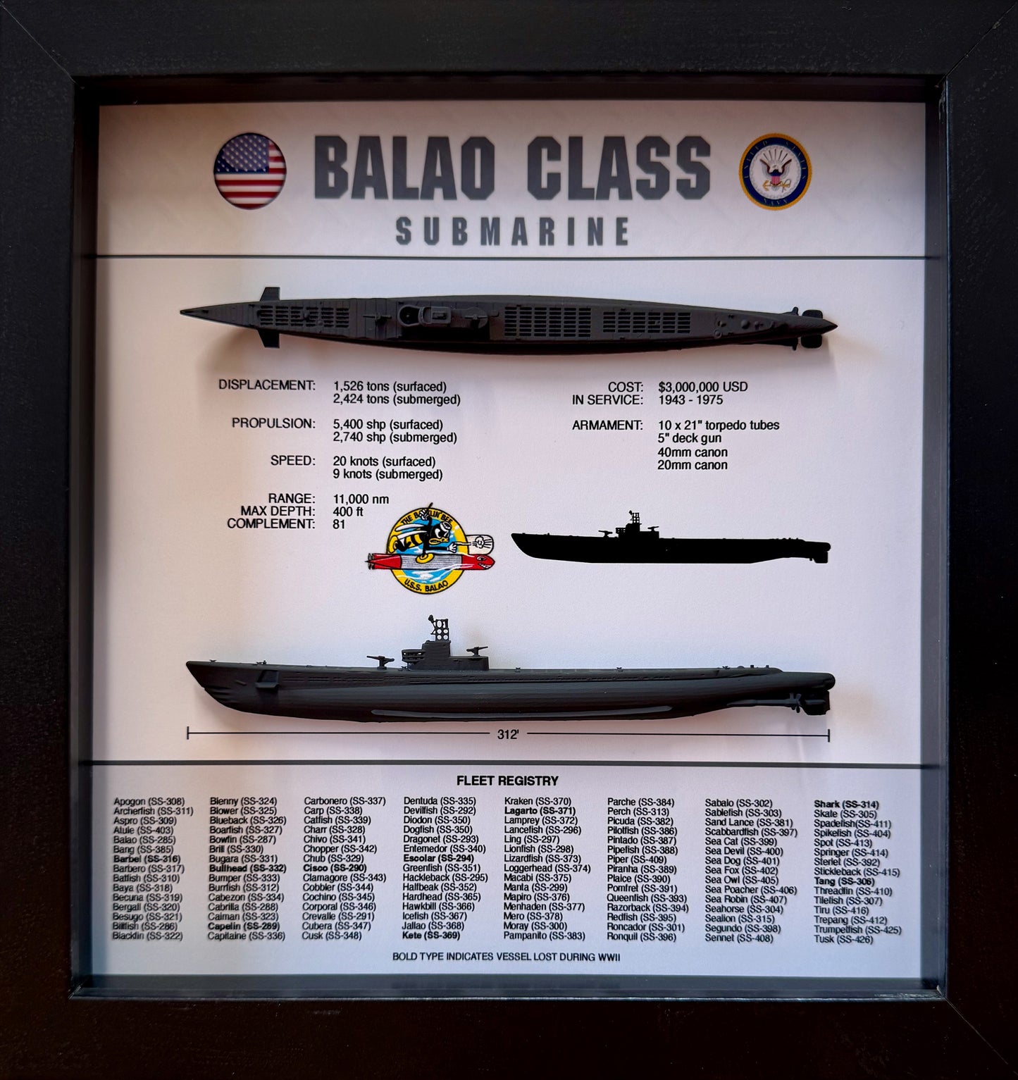 Balao Class Submarine Memorial Display Shadow Box, 9" x 9", Black