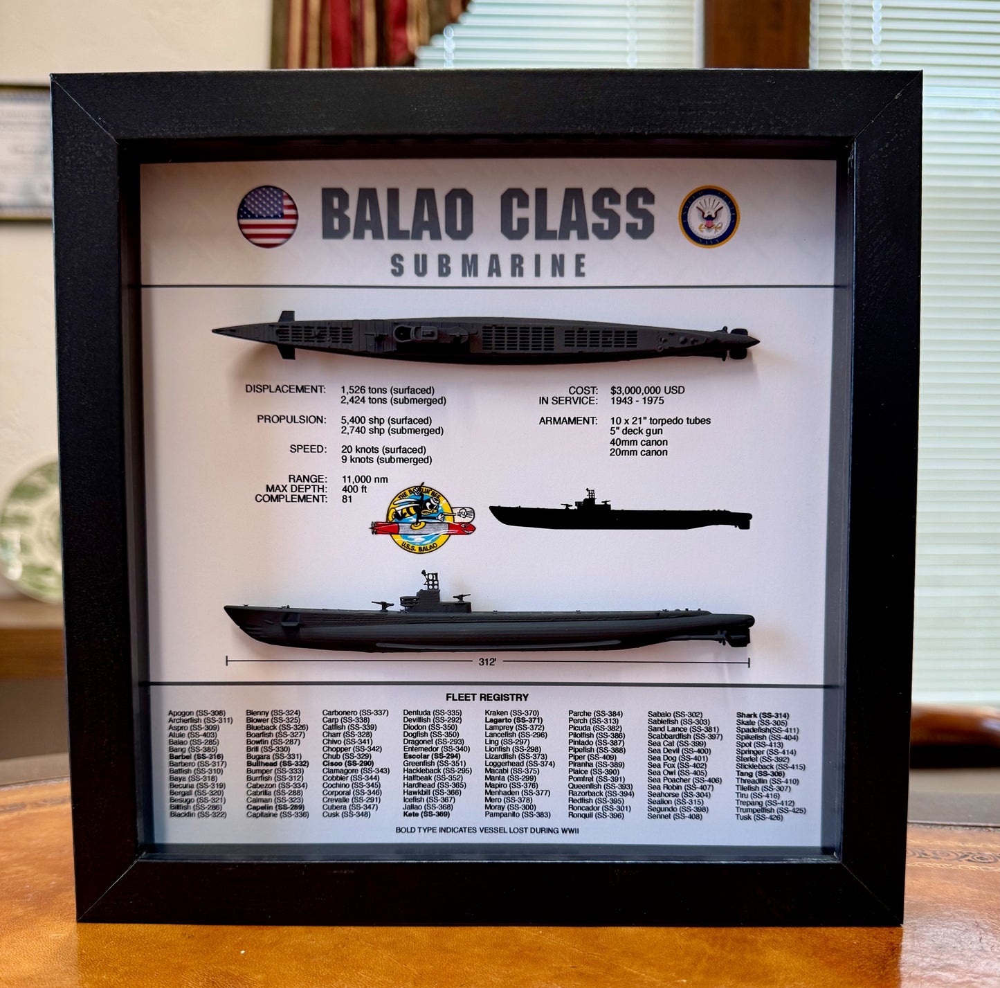 Balao Class Submarine Memorial Display Shadow Box, 9" x 9", Black