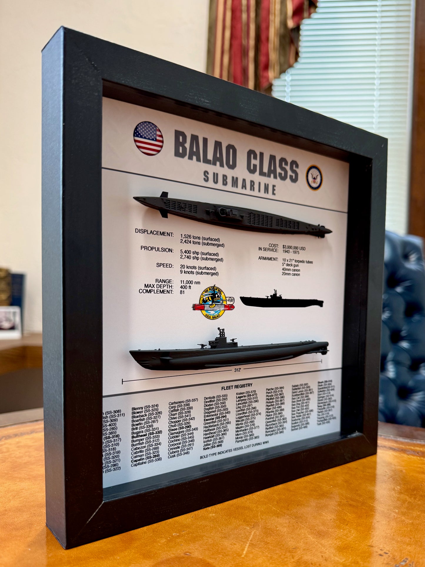 Balao Class Submarine Memorial Display Shadow Box, 9" x 9", Black