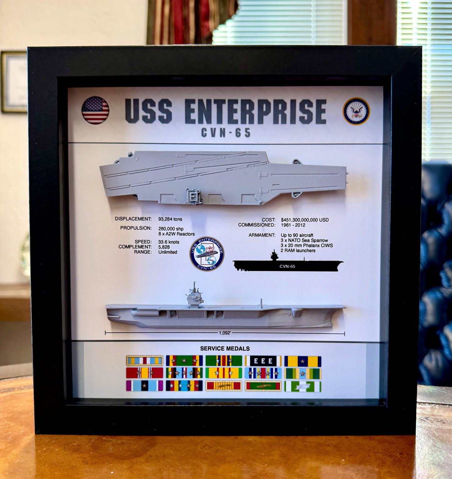 USS Enterprise Memorial Display Shadow Box, CVN-65, 9" x 9"