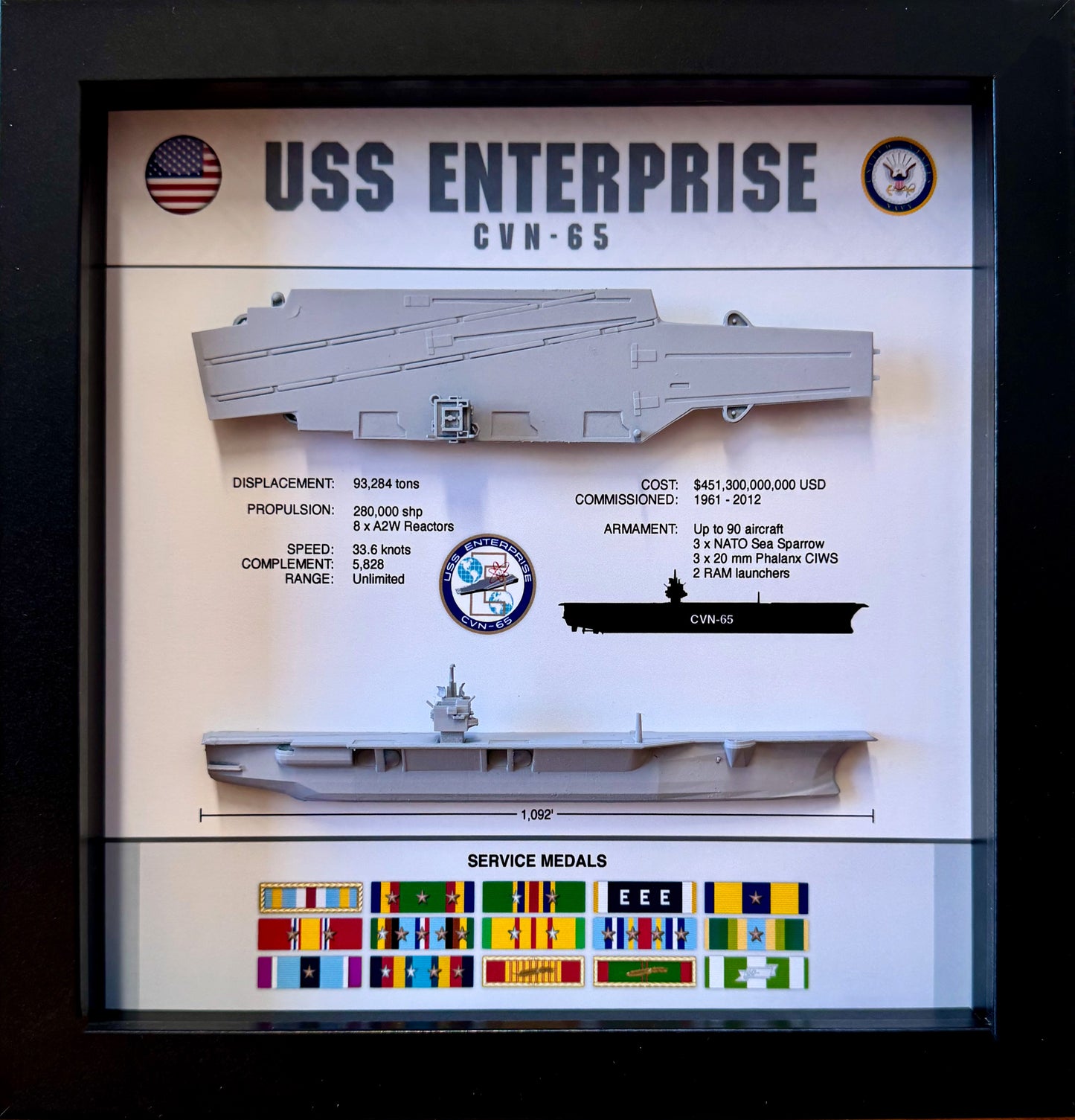 USS Enterprise Memorial Display Shadow Box, CVN-65, 9" x 9"