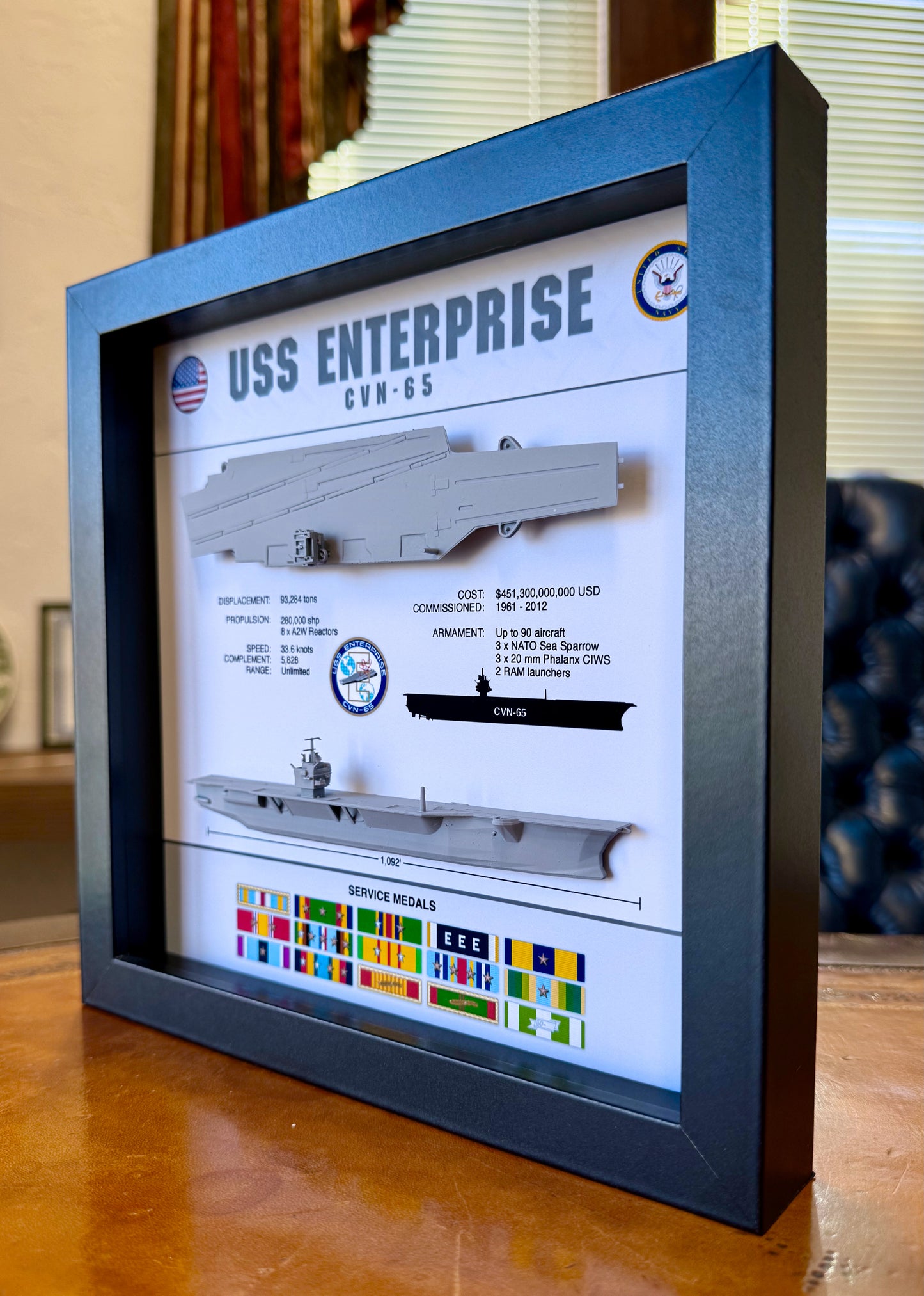 USS Enterprise Memorial Display Shadow Box, CVN-65, 9" x 9"