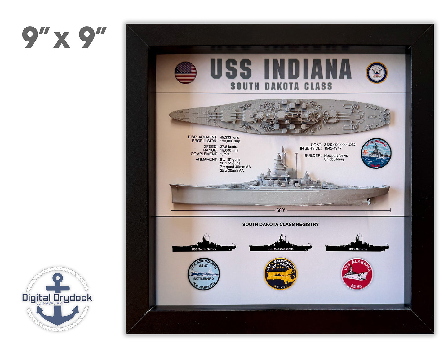 USS Indiana Battleship Display Shadow Box, BB-58, South Dakota Class, WW2, 9" x 9", Black