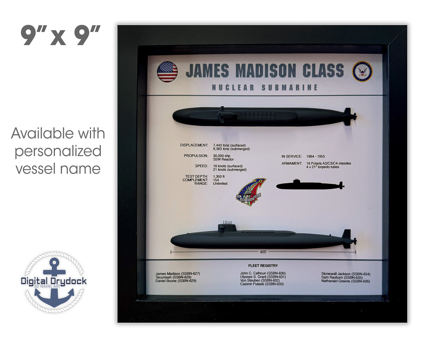 James Madison Class, Submarine Memorial Display Shadow Box, 9" x 9", Black