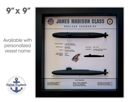 James Madison Class, Submarine Memorial Display Shadow Box, 9" x 9", Black